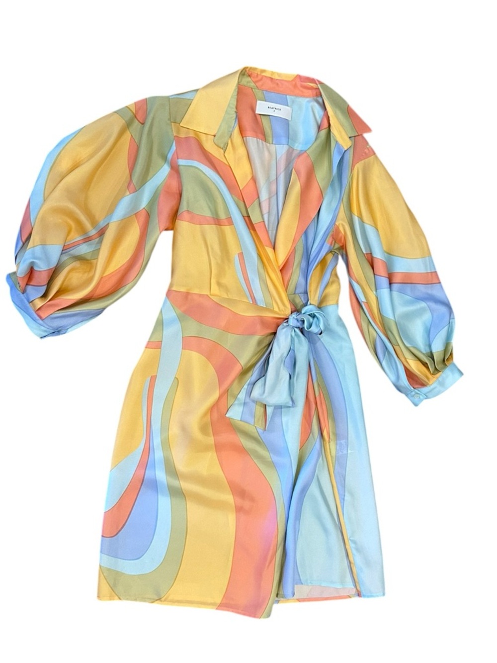 Women’s SHORT WRAP OVER SILK DRESS IN SHADES PRINT BY BEATRICE B Large 8 NWOT - Picture 5 of 13